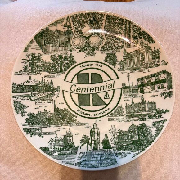 Riverside, CA Centennial Decorative Plate Kettlesprings Kilns 1920-S Green Vtg - Picture 1 of 4